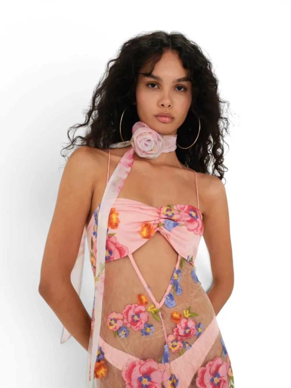For Love & Lemons Pink Floral Maxi Dress with Multicolor Embroidery